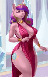 Size: 1756x2772 | Tagged: safe, artist:kelkessel, imported from derpibooru, princess cadance, alicorn, anthro, absolute cleavage, beautiful, beautisexy, big breasts, boob window, breasts, busty princess cadance, cleavage, clothes, dress, eyebrows, eyebrows visible through hair, female, jewelry, lidded eyes, looking at you, milf, open mouth, open-chest dress, regalia, sexy, side slit, smiling, solo, stupid sexy princess cadance