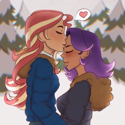 Size: 2048x2048 | Tagged: safe, artist:beeadora, imported from derpibooru, starlight glimmer, sunset shimmer, human, dark skin, duo, female, heart, humanized, kissing, lesbian, shimmerglimmer, shipping, winter