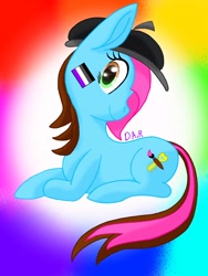 Size: 1620x2160 | Tagged: safe, artist:gracefulart693, imported from derpibooru, oc, oc only, earth pony, pony, abstract background, asexual pride flag, beret, earth pony oc, eyelashes, female, gradient background, hat, lying down, mare, pride, pride flag, prone, smiling, solo