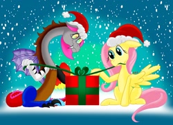 Size: 2220x1620 | Tagged: safe, artist:gracefulart693, imported from derpibooru, fluttershy, oc, draconequus, pegasus, pony, christmas, draconequus oc, duo, eyelashes, female, hat, holiday, mare, outdoors, present, santa hat, snow, snowfall, wings