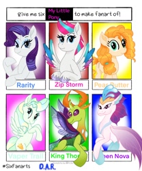 Size: 1002x1202 | Tagged: safe, artist:gracefulart693, imported from derpibooru, pear butter, queen novo, rarity, thorax, vapor trail, zipp storm, changedling, changeling, earth pony, pegasus, pony, seapony (g4), unicorn, six fanarts, my little pony: the movie, bust, collar, crown, female, fin wings, fins, g5, jewelry, king thorax, male, mare, regalia, spread wings, wings