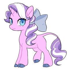 Size: 1024x1024 | Tagged: safe, artist:lawillowsea, imported from derpibooru, diamond tiara, classical unicorn, pony, unicorn, alternate universe, bow, cloven hooves, female, filly, foal, hair bow, leonine tail, looking at you, race swap, simple background, solo, tail, unshorn fetlocks, white background