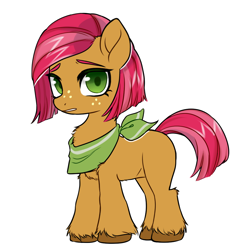 Size: 1024x1024 | Tagged: safe, artist:lawillowsea, imported from derpibooru, babs seed, earth pony, pony, alternate universe, female, filly, fluffy, foal, looking at you, neckerchief, simple background, solo, unshorn fetlocks, white background