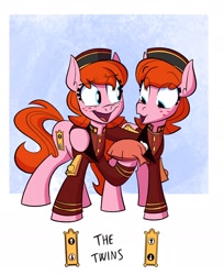 Size: 1922x2351 | Tagged: safe, artist:anontheanon, imported from ponybooru, oc, oc only, earth pony, pony, bellhop, duo, eye clipping through hair, female, freckles, mare, open mouth, siblings, sisters, smiling, twins, whoopee cushion