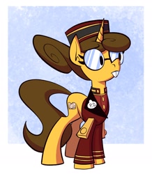 Size: 1686x1936 | Tagged: safe, artist:anontheanon, imported from ponybooru, oc, oc only, oc:p.d., pony, unicorn, bellhop, bucktooth, clothes, female, glasses, mare, name tag, round glasses, solo, uniform