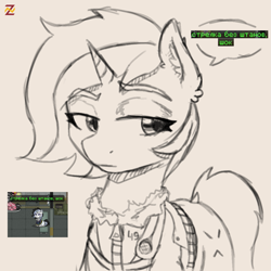 Size: 1111x1111 | Tagged: safe, artist:zebra, oc, oc only, pony, unicorn, ashes.town, clothes, cyrillic, dialogue, female, horn, lidded eyes, looking away, mare, request, russian, sketch, solo, vault suit