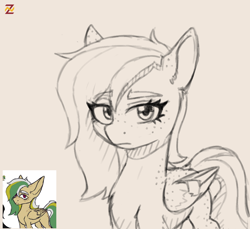 Size: 1110x1018 | Tagged: safe, artist:zebra, oc, oc only, pegasus, pony, back freckles, butt freckles, dock, ear freckles, eyebrows visible through hair, female, folded wings, freckles, looking at you, mare, sketch, solo, wing freckles, wings