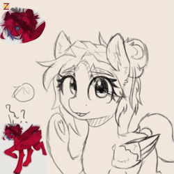 Size: 1111x1111 | Tagged: safe, artist:zebra, oc, oc only, pegasus, pony, dock, eyes visible through hair, female, folded wings, heart, heart hoof, lifted leg, looking at you, mare, open mouth, raised hoof, sketch, solo, wings