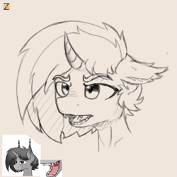 Size: 1111x1111 | Tagged: safe, artist:zebra, oc, oc only, angry, fangs, horn, open mouth, sketch, solo