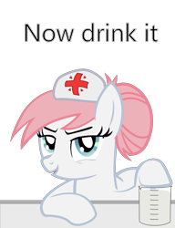 Size: 1389x1806 | Tagged: safe, artist:sersys, nurse redheart, earth pony, pony, ambiguous fluid, beaker, dialogue, drawthread, female, looking at you, mare, out of context, simple background, transparent background