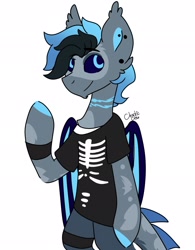 Size: 1600x2048 | Tagged: safe, artist:nathegar, imported from derpibooru, oc, oc only, oc:tonic, dracony, dragon, hybrid, pony, accessory, armband, bipedal, clothes, dracony oc, ear piercing, piercing, simple background, white background