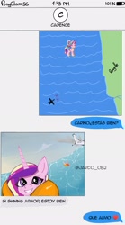Size: 1140x2048 | Tagged: safe, artist:jarco_082, imported from derpibooru, princess cadance, alicorn, pony, accident, implied shining armor, meme, message, ocean, plane, ponified meme, selfie, spanish, water