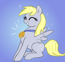 Size: 2640x2555 | Tagged: safe, artist:t72b, imported from derpibooru, derpy hooves, pegasus, pony, award, cute, derpabetes, eyes closed, female, gradient background, grin, happy, mare, medal, pun, sitting, smiling, solo, spread wings, wings