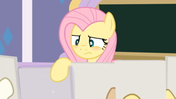 Size: 1280x720 | Tagged: safe, artist:agrol, imported from derpibooru, fluttershy, pegasus, pony, art class, blushing, chalkboard, female, fluttershy is not amused, friendship student, mare, school of friendship, the element of kindness, this will end in detention, unamused