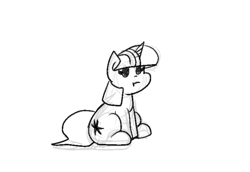 Size: 675x464 | Tagged: safe, artist:zutcha, imported from derpibooru, twilight sparkle, pony, unicorn, black and white, female, grayscale, mare, monochrome, simple background, sitting, sketch, solo, unicorn twilight, white background