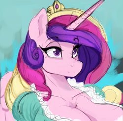 Size: 2556x2500 | Tagged: safe, artist:thelunarmoon, imported from derpibooru, princess cadance, alicorn, anthro, big breasts, breasts, bust, busty princess cadance, cleavage, crown, female, horn, jewelry, milf, portrait, regalia, solo