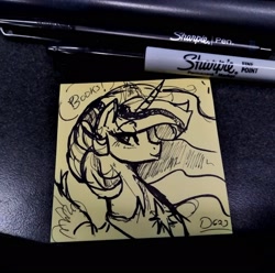 Size: 2048x2031 | Tagged: safe, artist:thelunarmoon, imported from derpibooru, twilight sparkle, alicorn, pony, the last problem, older, older twilight, peytral, princess twilight 2.0, sketch, solo, sticky note, traditional art, twilight sparkle (alicorn)