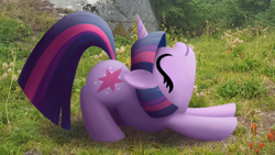 Size: 1920x1080 | Tagged: safe, artist:purblehoers, imported from derpibooru, twilight sparkle, pony, unicorn, behaving like a cat, cute, eyes closed, female, flower, grass, irl, mare, photo, ponies in real life, rock, smiling, solo, stretching, tree, twiabetes, twilight cat, unicorn twilight