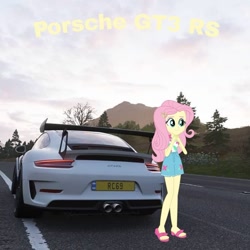 Size: 1080x1080 | Tagged: safe, edit, editor:scitwisparkle42, imported from derpibooru, fluttershy, human, equestria girls, car, forza horizon 4, game screencap, porsche, porsche 911, porsche 911 gt3 rs, solo, supercar, video game