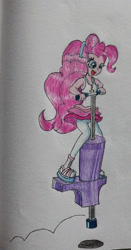 Size: 647x1235 | Tagged: safe, artist:goldheart1, imported from derpibooru, pinkie pie, human, equestria girls, bouncing, clothes, female, headband, open mouth, open smile, pogo stick, shadow, skirt, smiling, solo, traditional art