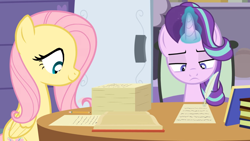 Size: 1280x721 | Tagged: safe, artist:agrol, imported from derpibooru, fluttershy, starlight glimmer, book, paperwork, pencil, quill, school of friendship, the element of kindness