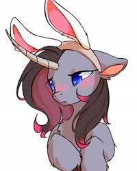 Size: 1638x2048 | Tagged: safe, artist:malt cat, imported from derpibooru, pony, unicorn, them's fightin' herds, awwleander, blushing, bunny ears, community related, cute, embarrassed, female, looking away, oleander (tfh), simple background, solo, unshorn fetlocks, white background
