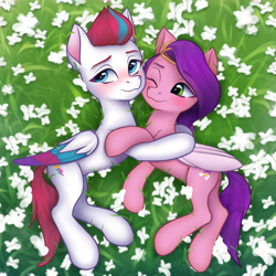 Size: 2750x2750 | Tagged: safe, artist:omnanya, artist:omny_dt, imported from derpibooru, pipp petals, zipp storm, pegasus, pony, adorapipp, adorazipp, blushing, butt, colored wings, cute, duo, duo female, eyebrows, eyebrows visible through hair, female, flower, folded wings, g5, grass, grass field, high res, hug, lying down, mare, multicolored wings, on side, one eye closed, plot, royal sisters (g5), siblings, sisters, smiling, wings