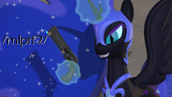 Size: 2765x1555 | Tagged: safe, artist:xafilah, imported from derpibooru, nightmare moon, alicorn, /mlp/ tf2 general, 3d, ambassador, female, glowing, glowing horn, gmod, grin, gun, horn, magic, mare, smiling, solo, team fortress 2, telekinesis, text, weapon