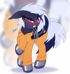 Size: 1937x2048 | Tagged: safe, artist:darkmaxxie, imported from derpibooru, oc, oc only, oc:maxie, bat pony, bat pony oc, bound wings, chained, chains, clothes, cuffed, cuffs, prison outfit, prisoner, shackles, wings, zoom layer