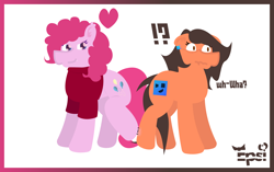 Size: 5408x3390 | Tagged: safe, artist:epsipeppower, imported from derpibooru, part of a set, pinkie pie, oc, oc:robertapuddin, earth pony, pony, comic:roberta the pink gump, character to character, clothes, confused, ear piercing, earring, exclamation point, floating heart, heart, interrobang, jewelry, nudge, outline, piercing, question mark, shirt, transformation, transformation sequence, twinning