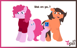 Size: 5408x3391 | Tagged: safe, artist:epsipeppower, imported from derpibooru, part of a set, pinkie pie, oc, oc:robertapuddin, earth pony, pony, comic:roberta the pink gump, character to character, clothes, confused, dialogue, ear piercing, earring, jewelry, outline, piercing, shirt, transformation, transformation sequence, twinning