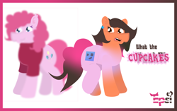 Size: 5408x3390 | Tagged: safe, artist:epsipeppower, imported from derpibooru, part of a set, pinkie pie, oc, oc:robertapuddin, earth pony, pony, comic:roberta the pink gump, censored, censored vulgarity, character to character, clothes, confused, dialogue, ear piercing, earring, jewelry, outline, piercing, shirt, shocked, transformation, transformation sequence, twinning