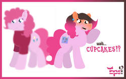 Size: 5408x3390 | Tagged: safe, artist:epsipeppower, imported from derpibooru, part of a set, pinkie pie, oc, oc:robertapuddin, earth pony, pony, comic:roberta the pink gump, character to character, clothes, confused, dialogue, ear piercing, earring, jewelry, outline, piercing, shirt, shocked, transformation, transformation sequence, twinning