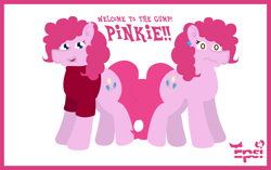 Size: 5408x3390 | Tagged: safe, artist:epsipeppower, imported from derpibooru, part of a set, pinkie pie, oc, oc:robertapuddin, earth pony, pony, comic:roberta the pink gump, character to character, clothes, confused, dialogue, duality, ear piercing, earring, jewelry, outline, piercing, self paradox, self ponidox, shirt, shocked, transformation, transformation sequence, transformed, twinning