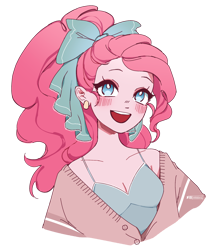 Size: 1900x2200 | Tagged: safe, artist:ddddorii, imported from derpibooru, pinkie pie, human, bow, breasts, bust, cleavage, cute, diapinkes, female, hair bow, humanized, open mouth, open smile, portrait, simple background, smiling, solo, transparent background