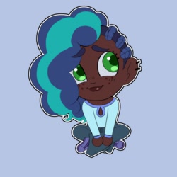 Size: 2048x2048 | Tagged: safe, artist:glowsmooch, imported from derpibooru, human, blue background, chibi, commissioner:briarlight, cornrows, cute, dark skin, ear piercing, freckles, g5, humanized, misty brightdawn, mistybetes, piercing, simple background, solo