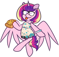 Size: 7205x6952 | Tagged: safe, artist:threetwotwo32232, imported from derpibooru, princess cadance, alicorn, pony, clothes, dress, female, food, glasses, looking at you, mare, pizza, simple background, solo, tongue out, transparent background