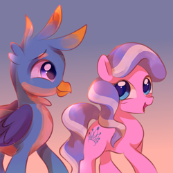 Size: 3000x3000 | Tagged: safe, artist:lanlanlc, imported from derpibooru, diamond tiara, gallus, earth pony, griffon, pony, duo, duo male and female, eyebrows, female, filly, foal, folded wings, gradient background, happy face, high res, male, missing accessory, open mouth, open smile, smiling, sunset, wings