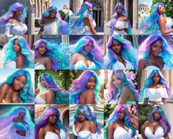 Size: 2560x2050 | Tagged: safe, imported from derpibooru, princess celestia, human, ai content, ai generated, au:eqcl, big breasts, breasts, bust, busty princess celestia, cleavage, compilation, dark skin, huge breasts, humanized, purple eyes, realistic, solo, watermark, white dress, windswept hair