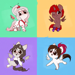 Size: 2265x2265 | Tagged: safe, artist:rexyseven, imported from derpibooru, oc, oc only, oc:oaky leaf, alicorn, pegasus, pony, alicorn oc, blushing, chibi, clothes, commission, cute, floating wings, glasses, horn, kimono (clothing), ocbetes, pegasus oc, socks, striped socks, wings