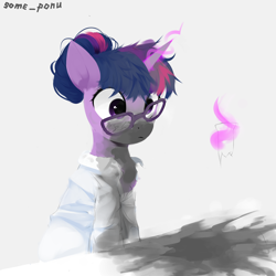 Size: 2000x2000 | Tagged: safe, artist:some_ponu, imported from derpibooru, sci-twi, twilight sparkle, pony, unicorn, accident, clothes, female, glasses, glowing, glowing horn, horn, lab coat, magic, magic aura, mare, solo, telekinesis, unicorn twilight