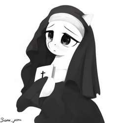 Size: 2765x2831 | Tagged: safe, artist:some_ponu, imported from derpibooru, oc, oc only, earth pony, pony, bible, book, christianity, clothes, female, grayscale, habit, lidded eyes, mare, monochrome, nun, simple background, solo, white background
