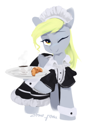 Size: 1346x1709 | Tagged: safe, artist:some_ponu, imported from derpibooru, derpy hooves, pony, alternate hairstyle, bread, chocolate, clothes, croissant, female, food, hot chocolate, looking at you, maid, mare, one eye closed, serving tray, simple background, smiling, solo, white background, wink