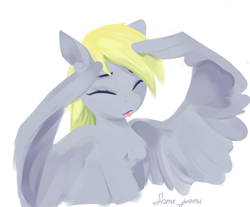 Size: 2241x1858 | Tagged: safe, artist:some_ponu, imported from derpibooru, derpy hooves, pegasus, pony, :p, ah eto bleh, anime reference, chest fluff, eyes closed, female, mare, meme, parody, simple background, solo, spread wings, tongue out, white background, wings, you're under arrest