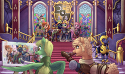Size: 1920x1134 | Tagged: safe, artist:calena, imported from derpibooru, fluttershy, oc, oc:jesus, alicorn, griffon, pegasus, pony, unicorn, armor, banner, canterlot castle, canvas, clothes, commission, crossover, crossover shipping, crown, cute, eating, emblem, fire emblem, fire emblem: three houses, food, gold, grin, inception, jewelry, meat, nervous, nervous grin, paintbrush, painting, painting characters, ponies eating meat, regalia, royal guard, shield, shipping, signature, smiling, stairs, sword, weapon, window