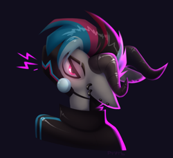 Size: 1716x1574 | Tagged: safe, artist:rtootb, imported from derpibooru, oc, oc only, oc:groove, dracony, dragon, hybrid, pegasus, pony, black horns, bust, clothes, coat, colored mane, digital art, dracony oc, ear piercing, earring, eyebrow slit, eyebrows, horns, icon, jewelry, looking at you, male, mask, pegasus oc, piercing, pink eyes, portrait, simple background, solo, stallion