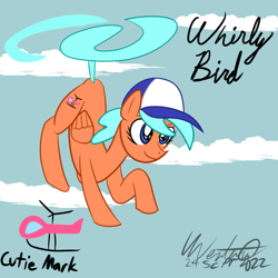 Size: 1000x1000 | Tagged: safe, artist:volticomics, imported from derpibooru, oc, oc only, oc:whirly bird, pegasus, pony, cap, flying, hat, helicopter, solo, tail, tailcopter