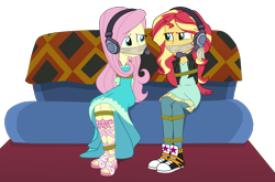 Size: 3036x2000 | Tagged: safe, artist:splendidbondage, imported from derpibooru, fluttershy, sunset shimmer, human, equestria girls, game stream, spoiler:eqg series (season 2), bondage, bound and gagged, cloth gag, clothes, converse, duo, duo female, female, fluttershy boho dress, gag, game stream outfit, headphones, shoes, simple background, tied up, transparent background