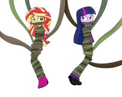 Size: 3000x2400 | Tagged: safe, artist:splendidbondage, imported from derpibooru, sunset shimmer, twilight sparkle, human, equestria girls, bondage, duo, duo female, female, gag, mummification, simple background, transparent background, vine, vine bondage, vine gag