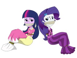 Size: 3000x2268 | Tagged: safe, artist:splendidbondage, imported from derpibooru, rarity, twilight sparkle, human, equestria girls, bondage, bound and gagged, cloth gag, clothes, coronation dress, dress, gag, gown, long skirt, simple background, skirt, tied up, transparent background